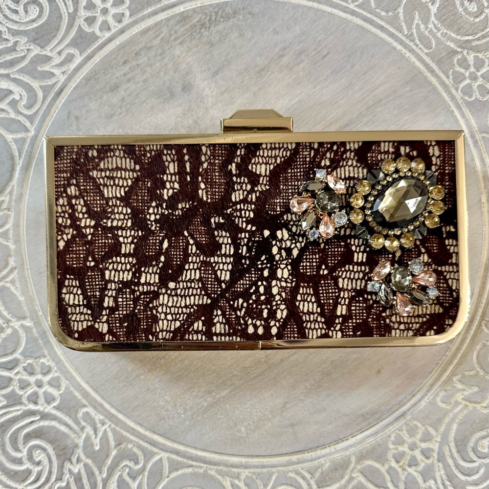 Kate Landry Gold Tone With Brown Lace Evening Clutch - Picture 2 of 10